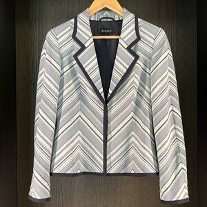 “SOLD” Escada Silk Lined Navy Blazer Single Breasted Multistripe Contrast Trim